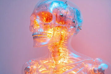A translucent robotic skull and skeleton illuminated with vibrant colors, blending technology and anatomy in a striking visual design.