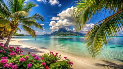 Obraz premium Idyllic Tropical Beach Paradise White Sand, Turquoise Waters, Lush Palm Trees, and Vibrant Flowers
