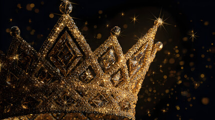 A stunning golden crown adorned with sparkling gems and intricate designs, representing royalty and elegance.
