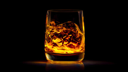 A captivating glass of whiskey with ice, highlighting the rich amber color against a dark background, perfect for beverage enthusiasts.