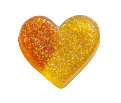 Vibrant heart-shaped gummy candy, split orange and yellow