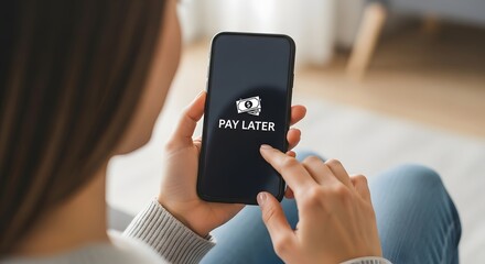 A person holding a smartphone displaying "Pay Later" on the screen, suggesting online payment.