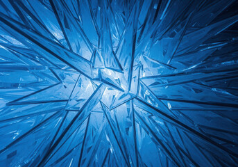 Abstract blue geometric explosion of light and sharp crystalline shapes