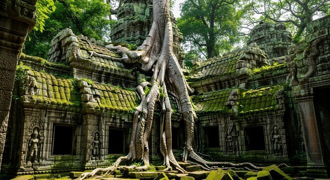 Ancient temple enmeshed with tree roots ruin architecture