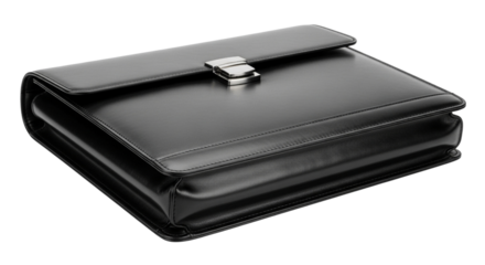 Sleek professional black leather briefcase for business on a Transparent Background, isolated for design use