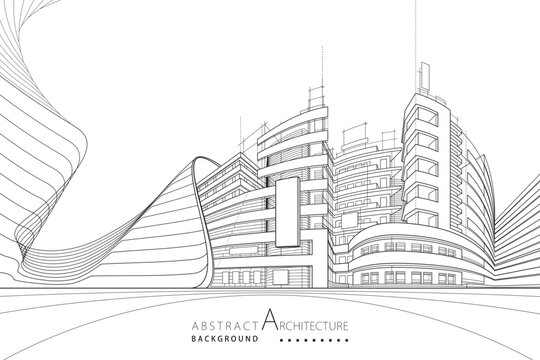 Creative architectural perspective of urban buildings in a 3D abstract line drawing.