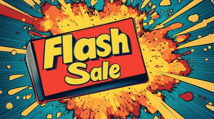 Eyecatching flash sale announcement with dynamic starburst background and retro comic book style design