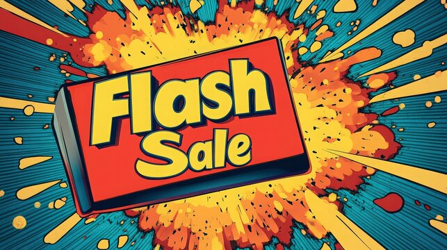 Eyecatching flash sale announcement with dynamic starburst background and retro comic book style design