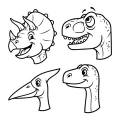 A set of four friendly cartoon dinosaur heads in black and white line art.