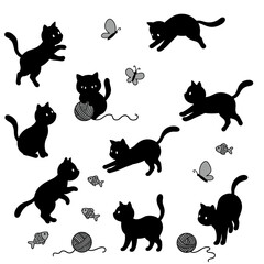 Nine black cat silhouettes in playful poses, surrounded by butterflies, fish, and yarn balls.
