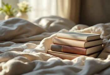 Stack of books on rumpled bed sheets in a cozy room with natural light