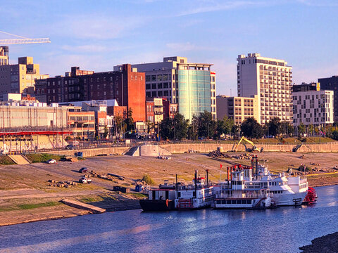 Memphis Tennessee Skyline on the Chickasaw Bluffs on the Mississippi River with riverboats USA business commerce  09.15.2025