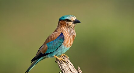 Fototapeta premium Close-up of a colorful kingfisher perched on a branch against a blurred green background.