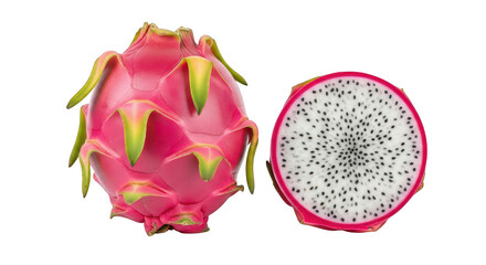 Whole and sliced dragon fruit isolated on transparent background
