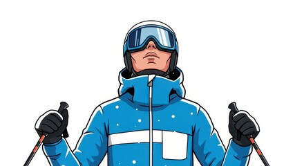 Naklejka premium A person in blue ski attire, holding ski poles, gazes upwards against a pure white background.