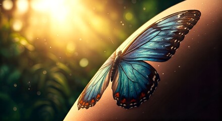 Close-up of a blue morpho butterfly perched on a human arm against a sunny natural background with warm tones.