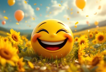A cheerful laughing emoji in a vibrant field of sunflowers with a joyful and sunny mood.