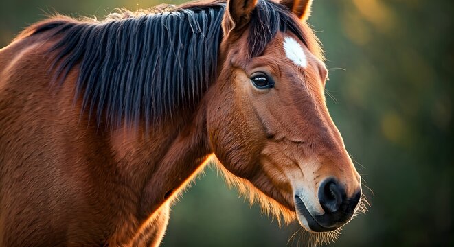 Close-up portrait of a brown horse with a white marking on its forehead against a blurred green background.