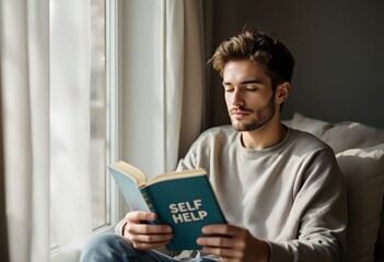 Man reading a self-help book sitting by a window with natural light