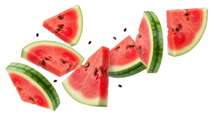 Falling slices of watermelon isolated on transparent background
