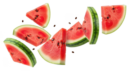 Falling slices of watermelon isolated on transparent background