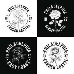 Vintage Philadelphia rose emblem with classic typography, floral illustration for apparel, labels, badges, and t shirt design