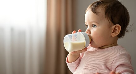 Adorable baby girl drinking milk from a bottle in a soft, natural light setting.