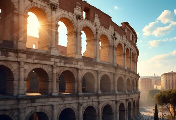 Obraz premium Low-angle view of the ancient Roman Colosseum at sunrise with warm light shining through arches.