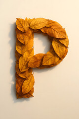 Letter P made from autumn leaves isolated on light background