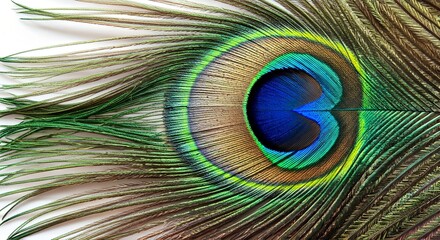 Obraz premium Close-up of a vibrant peacock feather with colorful eye and long green tail feathers on a white background