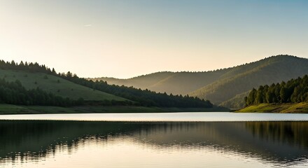 Fototapeta premium Serene lake landscape with rolling hills and trees reflected in calm water at sunrise or sunset.