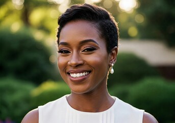 Elegant African American woman with a radiant smile and pearl earrings, outdoors in golden light. Perfect for beauty, empowerment and lifestyle brands