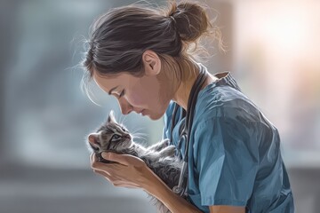 Veterinarian gently cradling a kitten in a clinic, showcasing care and compassion amidst a serene background