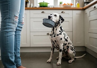 A cute Dalmatian dog sits patiently in a kitchen, holding its food bowl in its mouth, waiting for a meal. This adorable image represents pet ownership, domestic life, and the bond between humans and a