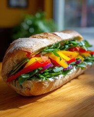 Vibrant sandwich filled with fresh vegetables, resting on a wooden table in a cozy caf? setting