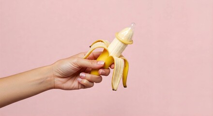 Hand holding a peeled banana with a condom, symbolizing safe sex, contraception, and sexual health education. Ideal for public awareness and health campaigns.