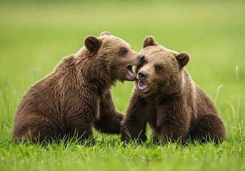 Two playful brown bear cubs wrestling in a vibrant green meadow. Captivating wildlife moment for nature lovers & educational content.