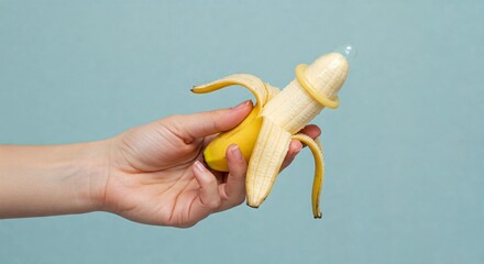 Hand holding a peeled banana with a condom, symbolizing safe sex, contraception, and sexual health education. Ideal for public awareness and health campaigns.