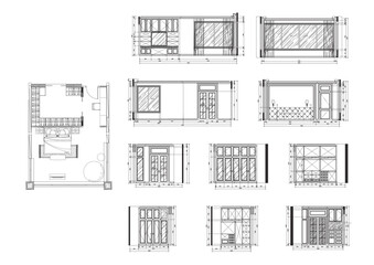 “Bedroom, Dressing Room and Workspace Furniture Layout Plan – Elevation Vector Design”