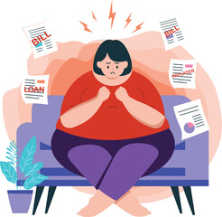 Overweight Woman Overwhelmed by Online Loan Debt, Bills and Financial Stress Anxiety Illustration
