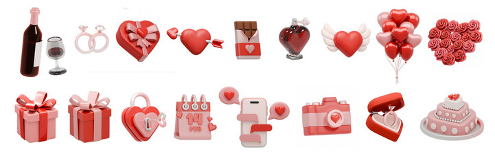 A vibrant 3D collection of Valentine's Day icons featuring romantic elements like hearts, gifts, rings, and love letters for festive designs