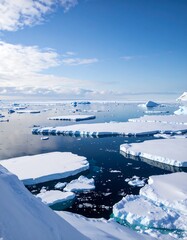 Icebergs in a vast, blue ocean under a clear sky