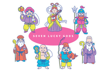 カラフルでポップなかわいい七福神の線画ベクターイラストセット
