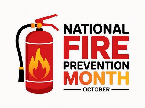 National fire prevention month in october with fire extinguisher isolated on white background