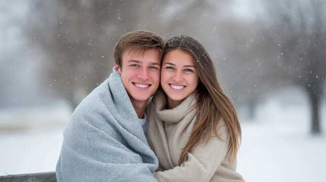 couple embraces warmly in snowy park surrounded by falling snowflakes that enhance ambiance - Powered by Adobe