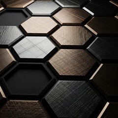 A close-up view of a geometric pattern with hexagonal shapes in dark bronze, gunmetal, and black tones, showcasing a textured surface and a modern design.