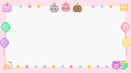 8-bit pixel art cute pastel baby pink frame with animals, balloons and gift icon for birthday, celebrations and congratulations