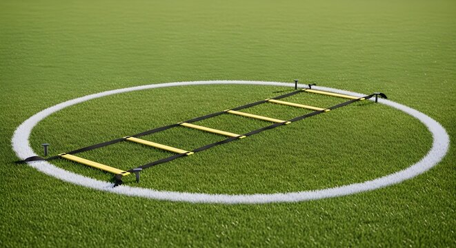 Soccer Training concept: Agility ladder in halfway circle, natural lighting, deep focus for sharp textures and crisp edges