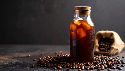 Iced coffee in a glass bottle, surrounded by coffee beans