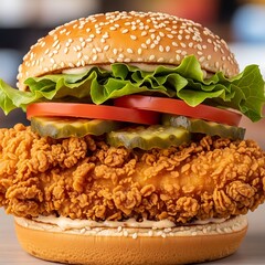 A close-up view of a gourmet fried chicken sandwich, showcasing the crispy coating, fresh toppings, and appetizing presentation.